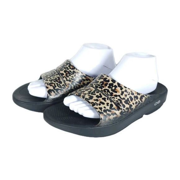 OOFOS Ooahh US M8 M10 Cheetah Print Black Slides Sandals Shoes Limited Edition - Picture 1 of 16